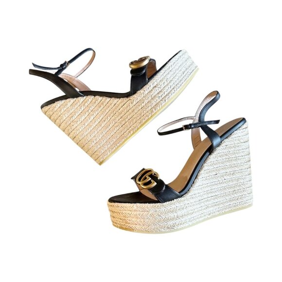 GUCCI Lifford GG Marmont Black Leather Espadrille Wedge Sandal EU 41 US 11 Aitan - Picture 4 of 8